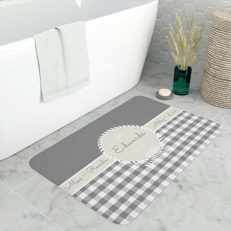 Personalized Family Name Shower Curtain and Memory Foam Bath Mat Set, Gray Buffalo Plaid Long