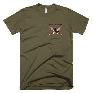 May include: A green t-shirt with a black and red logo that says "DONOVIAN ARMY". The logo features a rearing horse with crossed swords.