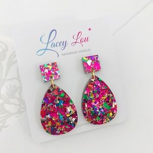 Medium Teardrop Dangle - Rainbow Glitter Acrylic Earrings
