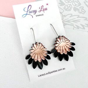 Medium Flower Frill Statement Dangle - Black and Rose Gold Acrylic Earrings