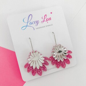 Medium Flower Frill Statement Dangle - Silver and pink glitter Acrylic Earrings