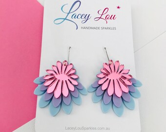 LARGE DANGLE EARRINGS | Large Statement Earrings | Flower Drop Earrings | Layered Acrylic Earring | Purple Statement Dangle