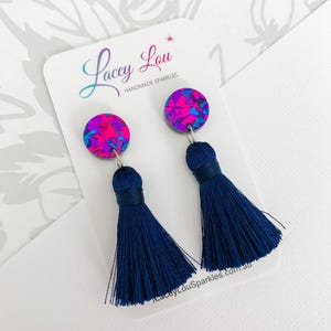 Large Silk Tassel Earring - Navy Blue