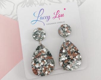 Medium Teardrop Dangle - Silver Glitter Acrylic Earrings