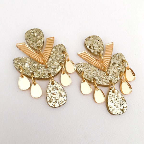 GOLDEN GODDESS Large Chandelier Earrings | Gold Statement Acrylic Earrings