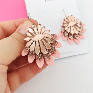 FLOWER DROP EARRINGS, Layered Flower Petals Leafy Earrings, Sparkly Hypoallergenic Earrings Dangle Drop, Acrylic Jewelry, Letterbox Gift