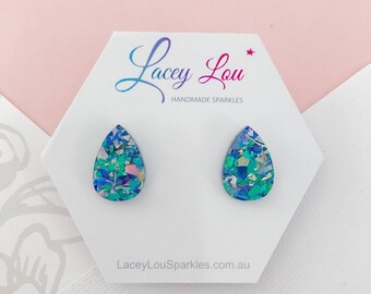 Small Teardrop Acrylic Stud - Ice Blue Glitter