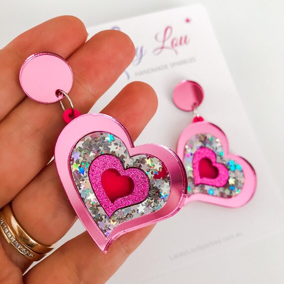 LARGE HEART DANGLES Pink Statement 