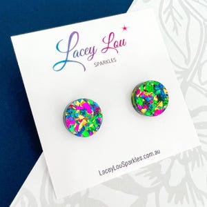 Small Round Acrylic Studs (15mm) - Party Green Shard Glitter