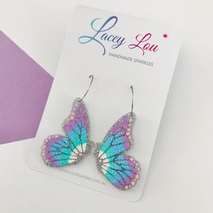 Large Butterfly Hoop Earrings - Silver Glitter Painted Acrylic Earrings