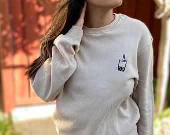 Boba Milk Tea Crew Neck Sweatshirt! (Tan/Beige)