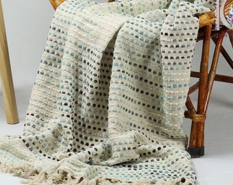 Blaue handgewebte Baumwolldecke mit Quasten, indigoblaue Boho-Decke, 100% Baumwolle, weich, 130 x 180 cm