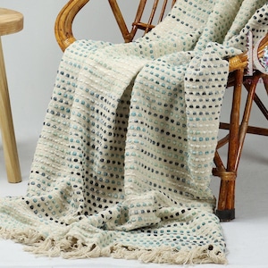 Blue Color Hand Woven Cotton Throw Blanket with Tassels, Indigo Blue Color Bohemian Throw Blanket, 100% Cotton Soft 50 x 70 Inches