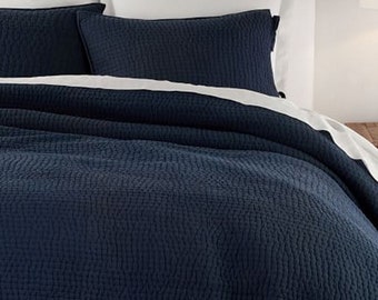 Solid Navy Blue Kantha Quilt, Cotton Kantha Quilt, Handmade Quilt, Natural Whit Kantha Blanket Throw, King Size Hand Stitched Quilt CKQS#01