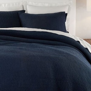 Edredón Kantha azul marino liso, cubrecama de algodón hecho a mano, manta reversible tamaño king, cubrecama Kantha indio CKQS#01
