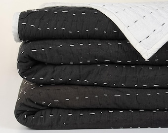 Handmade Black and White Cotton Kantha Quilt, Lightweight Bedspread