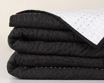 Handmade Black and White Cotton Kantha Quilt, Lightweight Bedding