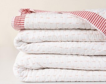 Hand Block Printed Kantha Quilt, Reversible Boho Cotton Bedspread