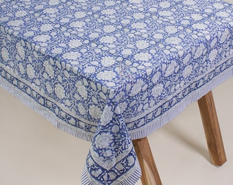 Nappe en coton bleue à fleurs imprimées main bloc : décoration de ferme indienne