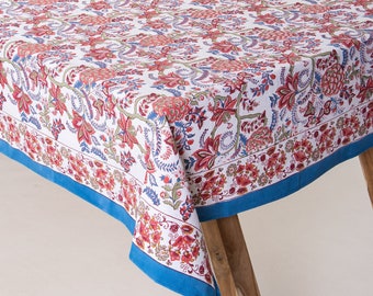 Indian Floral Block Print Cotton Tablecloth with Napkins