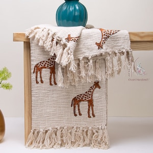 Handwoven Cotton Throw Blanket: Giraffe Print, Boho Tassels