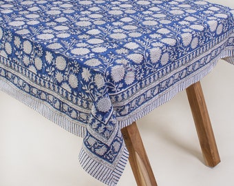 Blue Floral Tablecloth: Hand Block Print Cotton Tablecloth