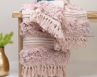 Handwoven Cotton Throw Blanket: Pink Boho Fringe Bedspread