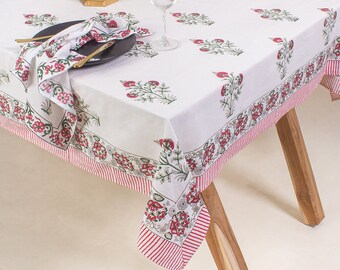 Indian Red Poppy Block Print Tablecloth: Cotton Boho Table Cover