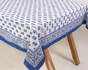 Floral Hand Block Printed Tablecloth: Blue Cotton Table Cover