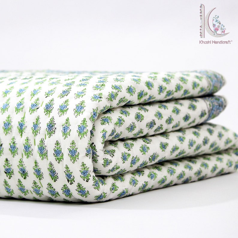 Edredón Kantha, Edredón de algodón impreso en bloque de mano, Edredón con estampado floral, Edredón hecho a mano, Lanzamiento de manta, Edredón cosido a mano Edredón Kantha indio04 imagen 1