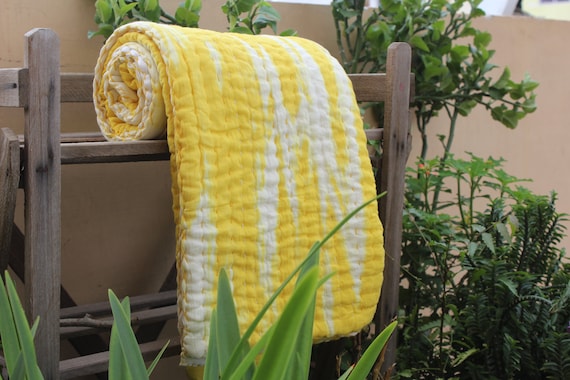 Yellow Tei-dye shibori Cotton Kantha Quilt, Natural Vegetable Color Nursery Queen Twin or baby CKQ#55