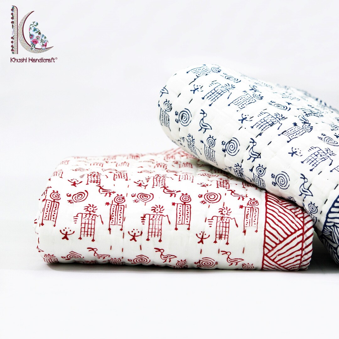 Hand Stitched Baby Blanket Block Print India Cotton Kantha Etsy