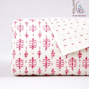 Hand Block Printed Cotton Kantha Quilt, Indian Kantha Blanket, Hand Stitched Summer Quilt, Soft Cozy Blanket Artisan Cotton Blanket QUILT#01
