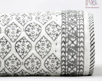 Hand Block Printed Queen Cotton Kantha Quilt: Floral Jaipuri Bedspread