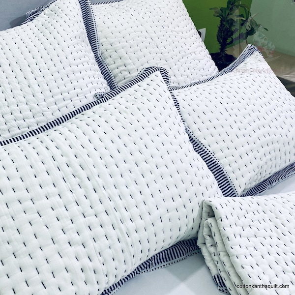 Hand Block Printed Kantha Quilt & Cushion Cover: White Cotton Bedding CKQC#03