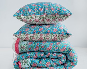 Hand Block Print Cotton Duvet Cover Set: Floral Quilt Cover with Pillow Covers