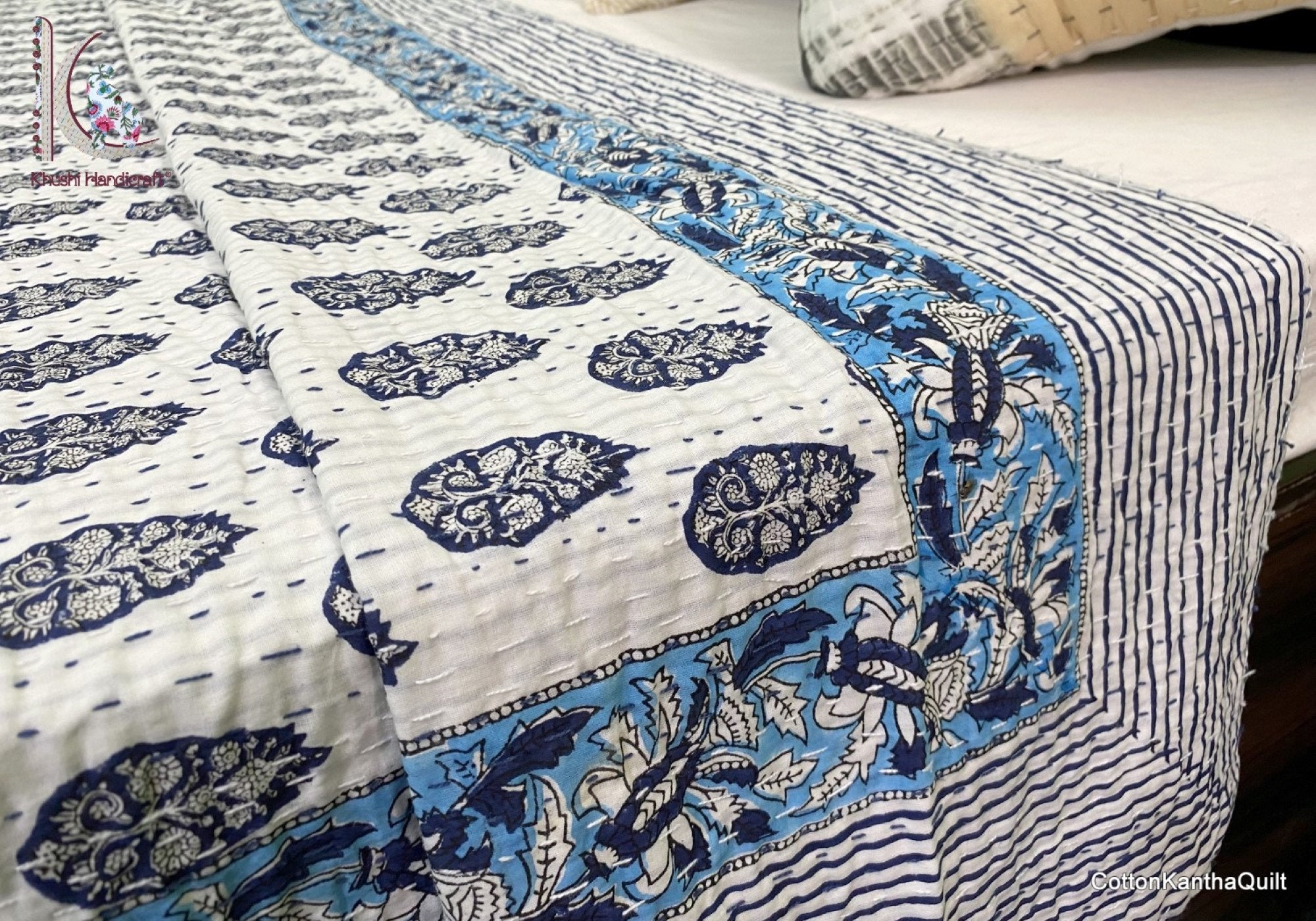 India handmade cotton kantha quilt throw blanket boho | Etsy