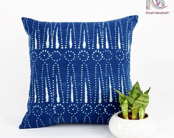 Indigo Blue Pillow Cover: Hand Block Print Cotton Cushion (16x16), Lightweight Euro Sham