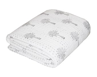 Palmen-Baumwoll-Kantha-Quilt, handbedrucktes Bettwäsche-Set, weiche Kantha-Quilt aus Baumwolle, handgemachter Quilt-Überwurf, handgenähte Decke CKQ#01