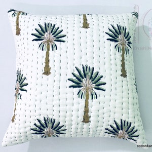 Green Palm Tree Kantha Cushion Cover, Hand Blocked Cushion Cover, Decorative Linen Pillow Cover, Designer Pillow Cover Euro Shams, CKQC#04