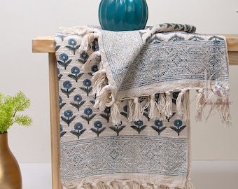 Blue Floral throw, Hand block print blanket, hand loom India cotton sofa throw, bohemian mud cloth throw, turkish blanket with tassels