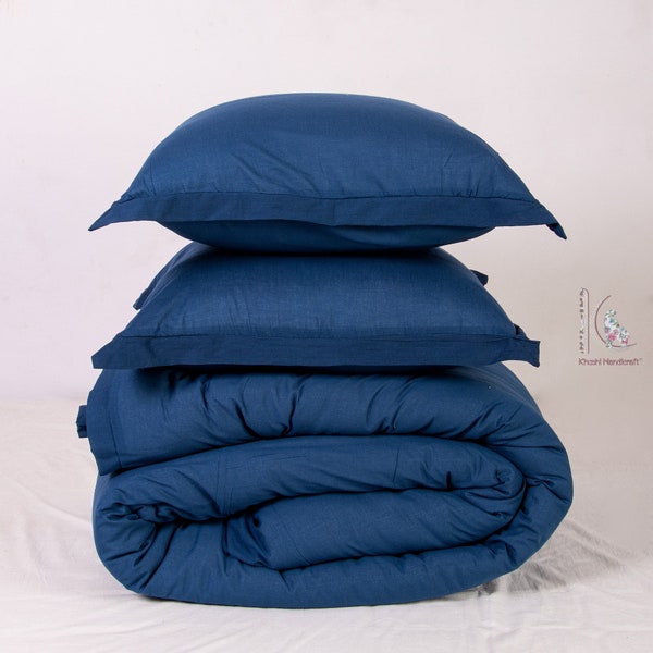 Solid Cotton Duvet Cover, Indigo Blue Color Cotton Bedding, Hand Dyed India Cotton Duvet With Pillow Cover Natural Indigo Dyed.