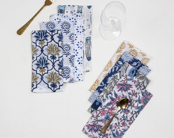 Servilletas de algodón azul, servilletas para cóctel, servilletas de tela con estampados a mano, servilletas para mesa de comedor