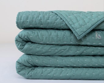 Sage Green Indian Kantha Quilt, Reversible Solid Cotton Blanket, Handmade Lightweight Cozy Boho Bedding CKQ#KQ08