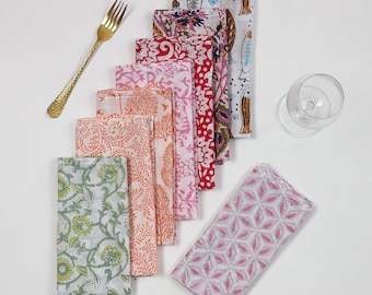 Servilletas de algodón estampadas a mano: tela floral india, juego de 20 x 20 pulgadas.