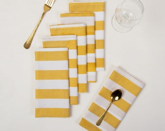 Yellow Stripe Cotton Napkins: Block Print Dinner Napkin Set, Reusable Soft Cloth Napkins