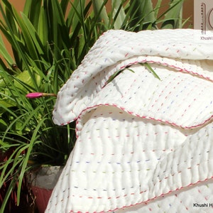Solid Baby Quilt, Indian Kantha Quilt, Hand Stitched 100% Cotton Soft Crab Quilt, Nursery Soft Blanket CKQ#46