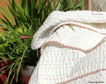 Hand Stitched Cotton Baby Quilt: Indian Kantha Blanket, Nursery Soft Blanket CKQ#46