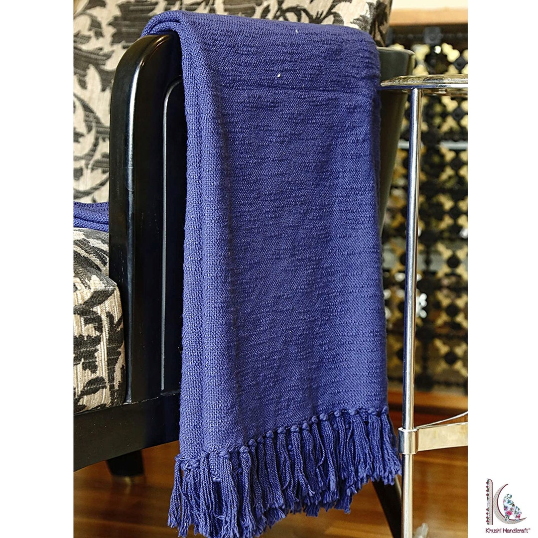 Indigo Blue Woven Cotton Throw Blanket With Tassels, Indigo Blue Color