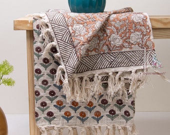 Floral print cotton blanket and throw, Hand loom India cotton blanket, block print throw, cotton sofa throw, bohemian mud cloth throw
